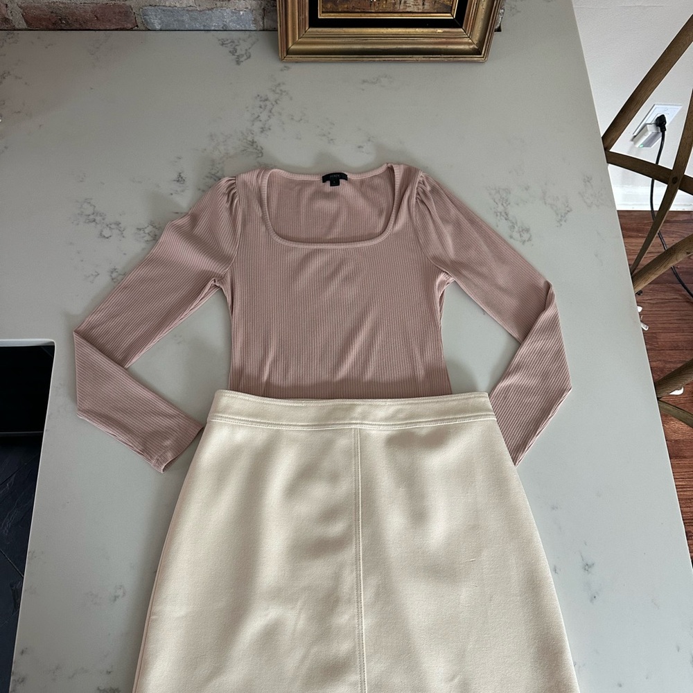 J. Crew Bundle Pink Long Sleeve Ribbed Top and Cream Fully Lined Wool Skirt Set
